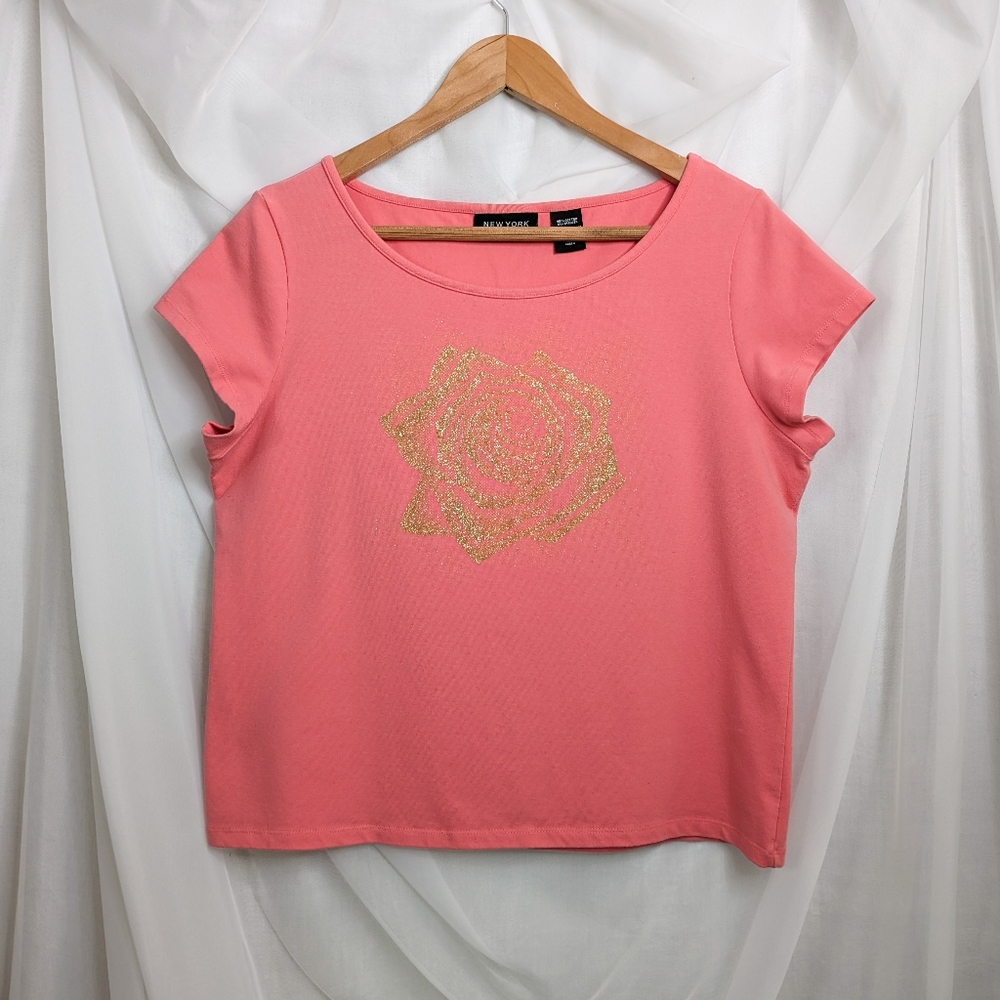 Gold glitter rose print pink top